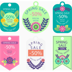 6款卡通花朵春季促销吊牌矢量图