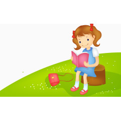 小女孩坐在树墩上看书矢量图