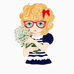黄色短发红眼镜手抱鲜花女孩
