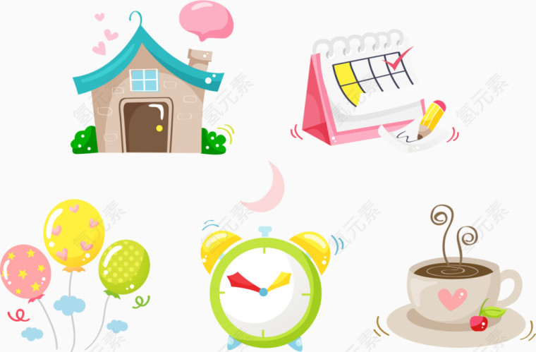 矢量卡通气球与时钟咖啡