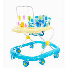 悬挂玩具的蓝白学步车