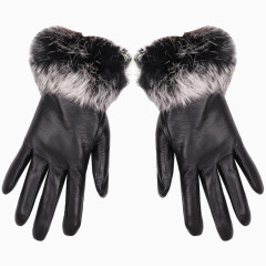 黑色带毛皮皮质手套