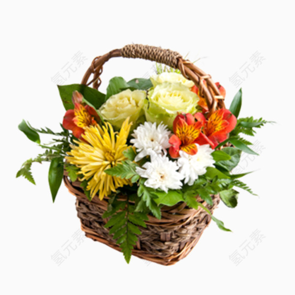 放在篮子里的红花黄花白花