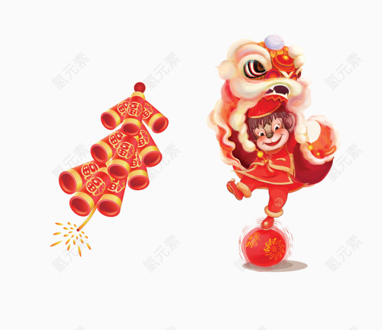卡通版鞭炮舞狮