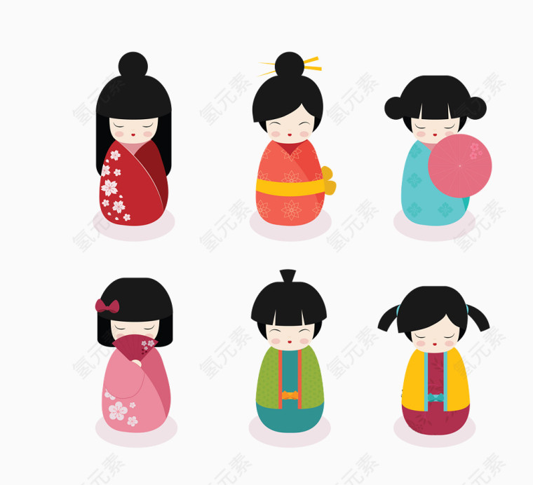 矢量彩色六款日系娃娃图案