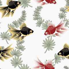 手绘观赏金鱼海草背景图案矢量图