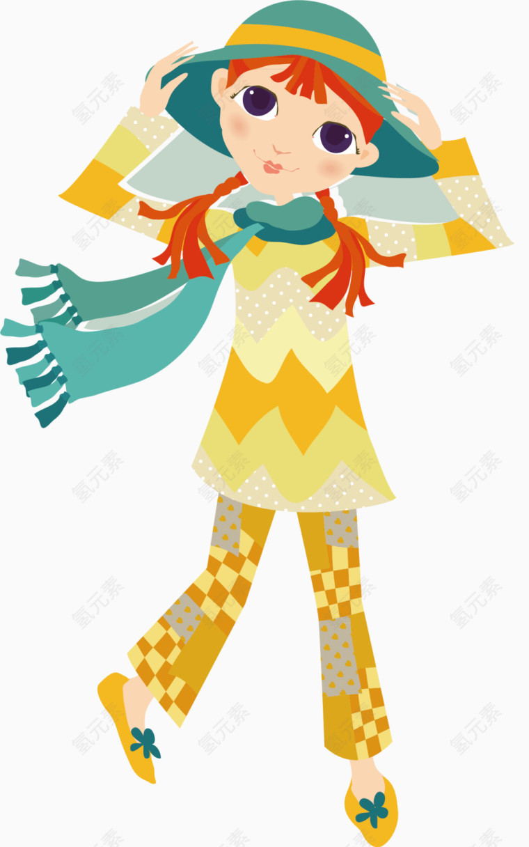 矢量手绘戴帽子的小女孩