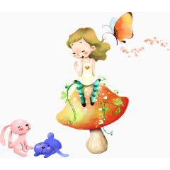 蘑菇上的卡通女孩