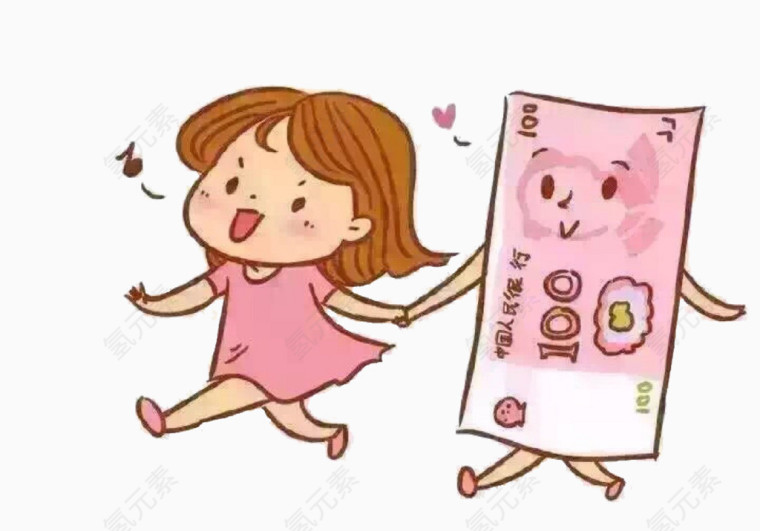 卡通人民币与小女孩手牵手