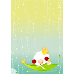 卡通手绘绿叶船上睡着的小女孩儿