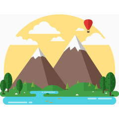 矢量手绘大山热气球河流树林