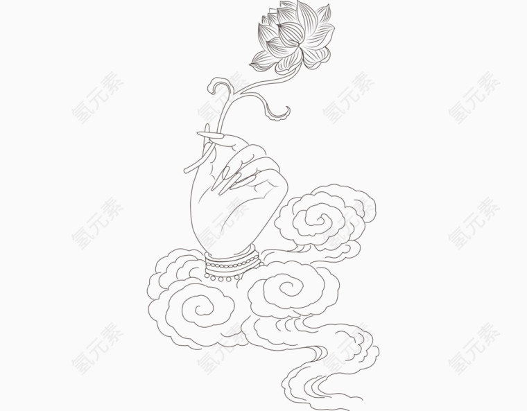 佛手荷花佛教元素线稿矢量素材