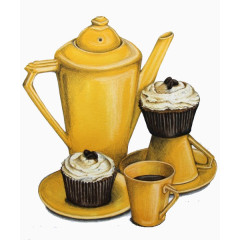 手绘茶壶和蛋糕