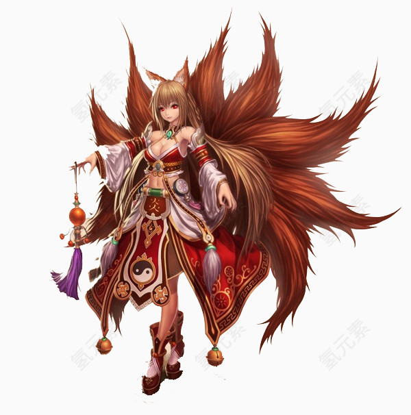 红色九尾狐美女插画