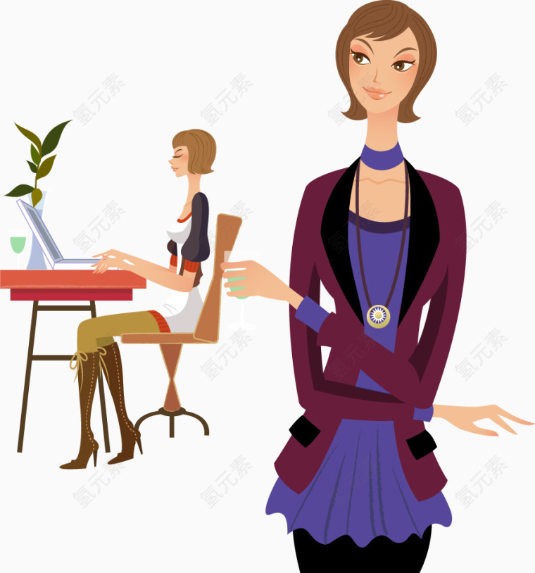 喝水和用电脑的女孩