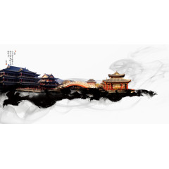水墨楼阁矢量素材