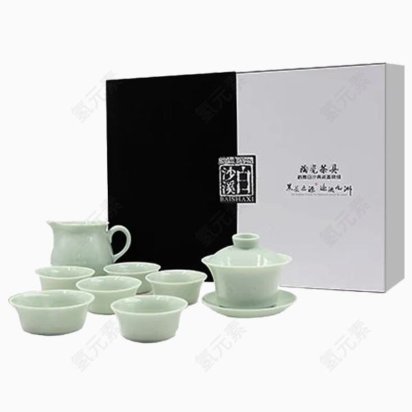 白沙溪 鹤舞白沙青瓷盖碗组 1盖碗 1茶海 6杯包装