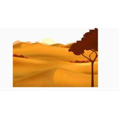 矢量手绘沙漠里夕阳西下