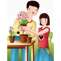 卡通情侣植树
