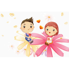 矢量花朵上的卡通儿童