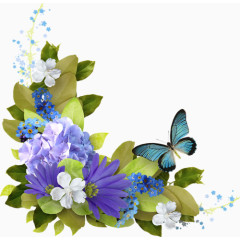 紫色花朵和蓝色蝴蝶