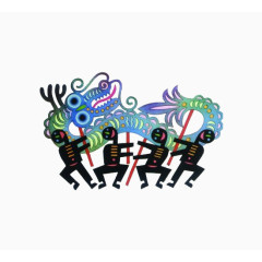 卡通醒狮四人舞狮剪影