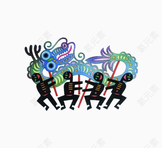 卡通醒狮四人舞狮剪影