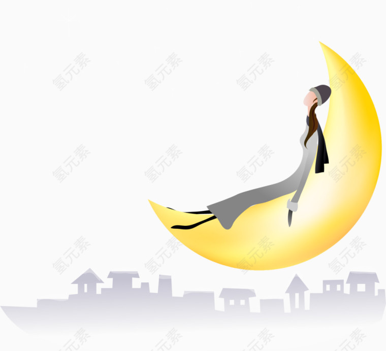 矢量手绘月亮上的女孩