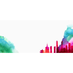 彩绘墨迹高楼剪影