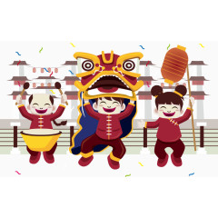 矢量中国娃娃舞龙舞狮