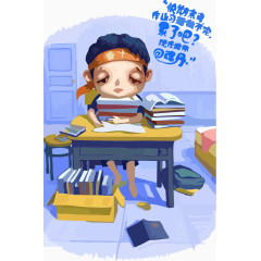 熬夜写作业的孩子插画