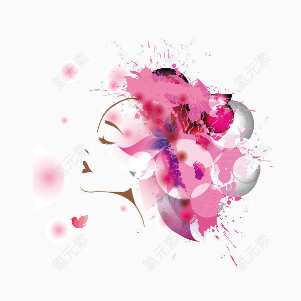 玫瑰 美女 剪影轮廓 粉红色渐变 矢量图