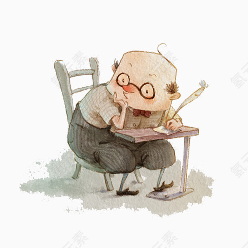 老头子思考水彩画素材图片