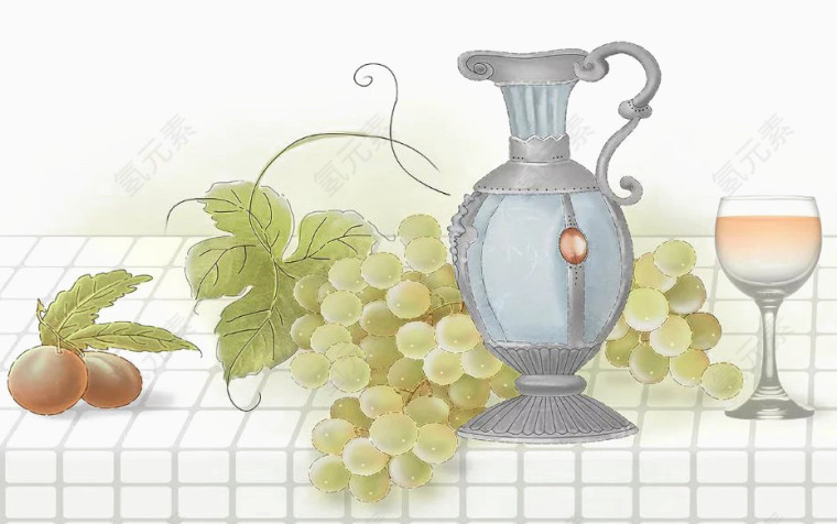 精致的茶壶和葡萄