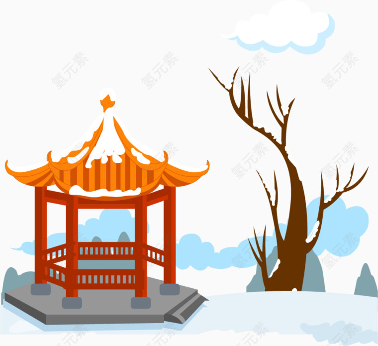 矢量手绘冬季凉亭