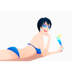卡通手绘海滩风情穿泳装的美女