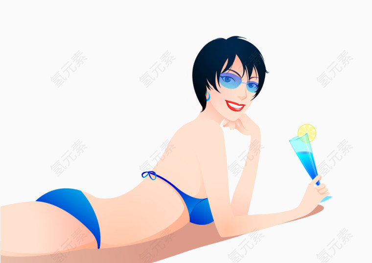 卡通手绘海滩风情穿泳装的美女