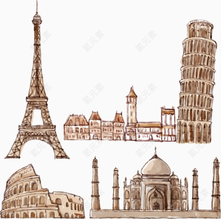 矢量手绘埃菲尔铁塔比萨斜塔罗马斗兽场