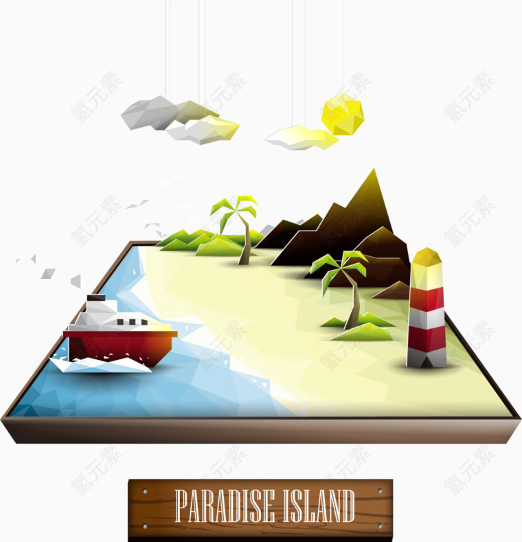 矢量海滩上的船与高塔