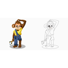 卡通手绘猴子挠头拿弹弓