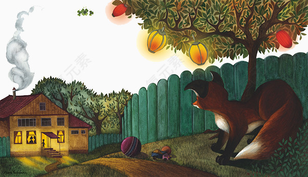 手绘狐狸远看房子