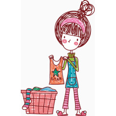 手绘卡通晾衣服小女孩
