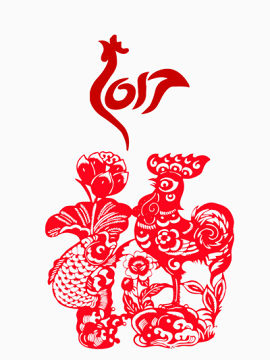 红色剪纸公鸡啄莲花