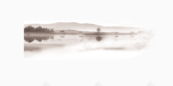 中国风水墨画江面和远山