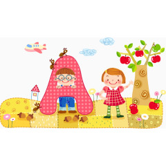 孩子苹果树矢量图