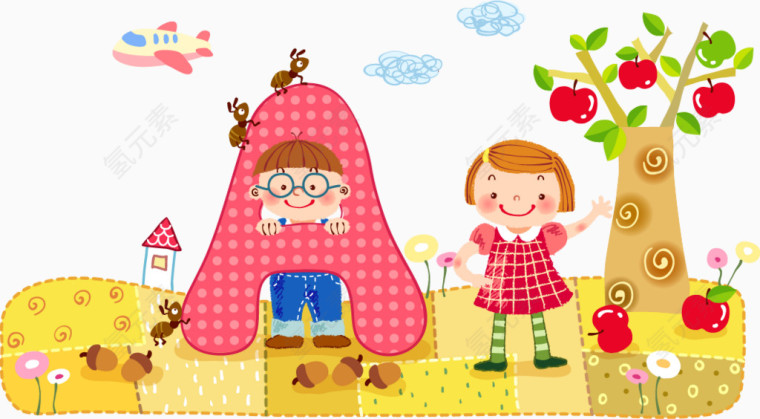 孩子苹果树矢量图
