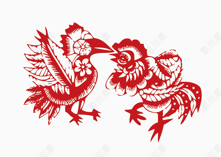 斗鸡红色剪纸