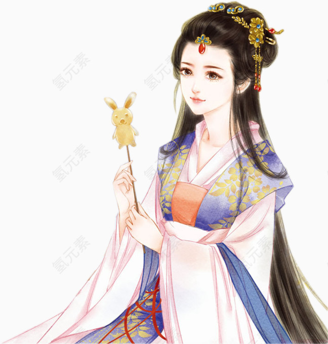 手拿兔子金钗的古风美女