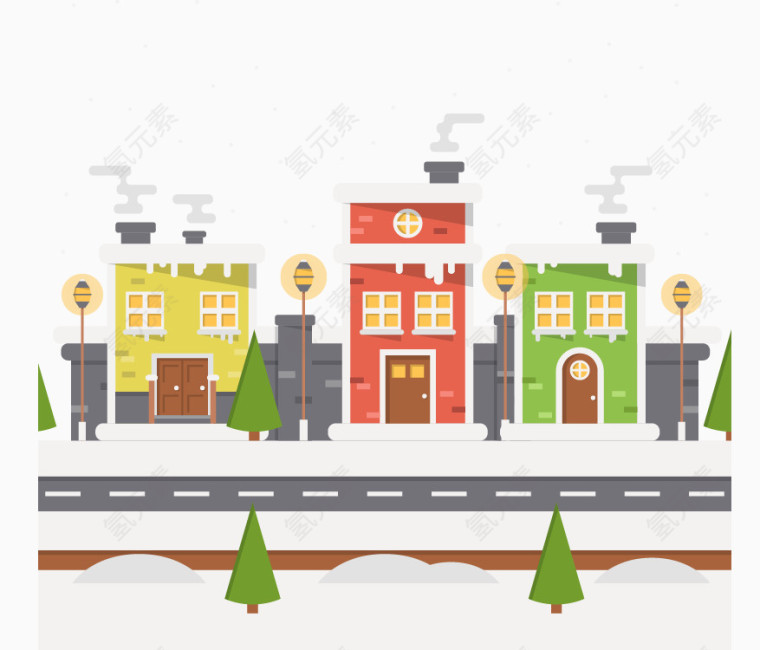 卡通矢量圣诞节下雪的街道