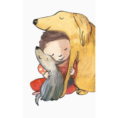 大小狗与男孩拥抱